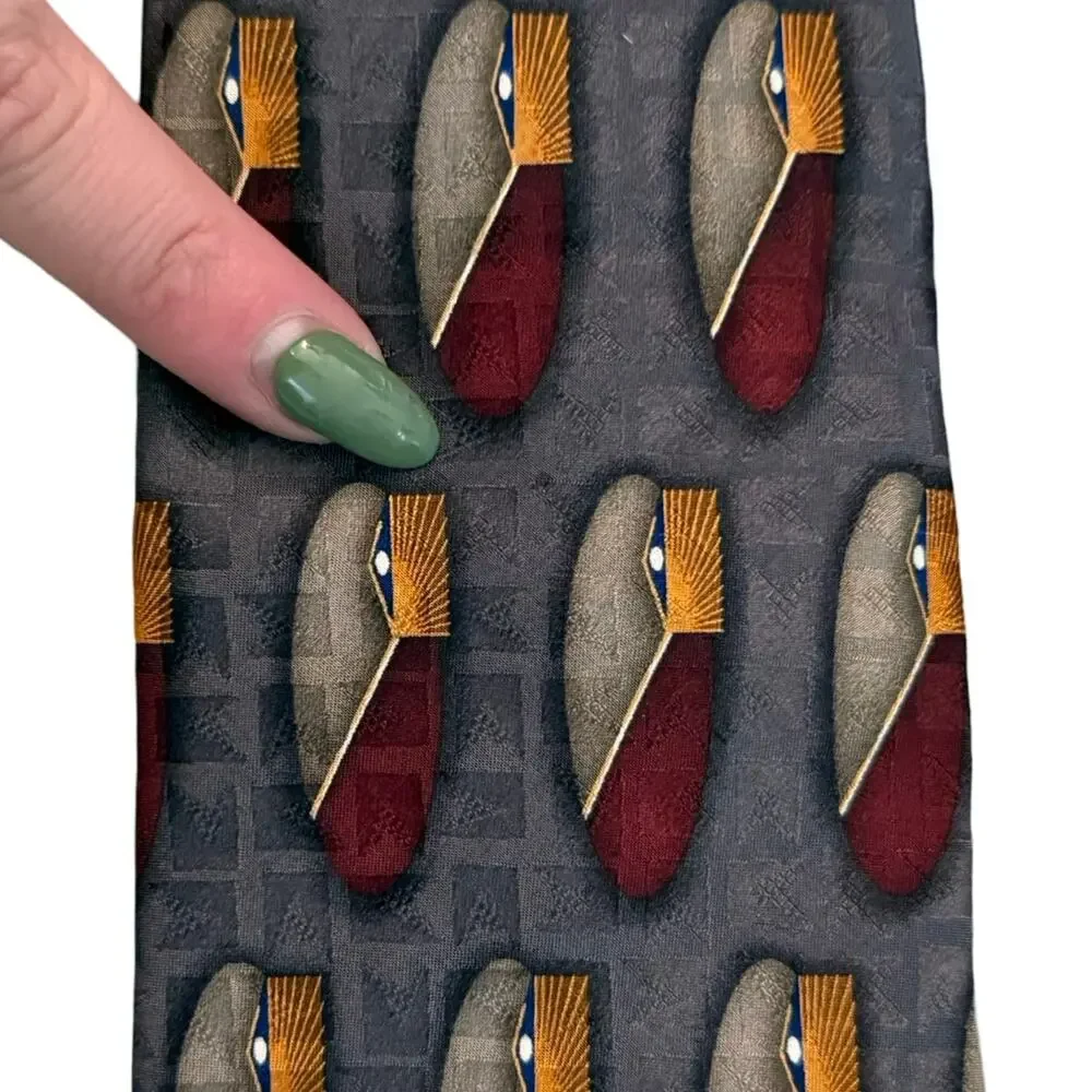 Vintage 90s Oscar de la Renta Gray Burgundy Orange Ovals 100% Silk Tie Necktie